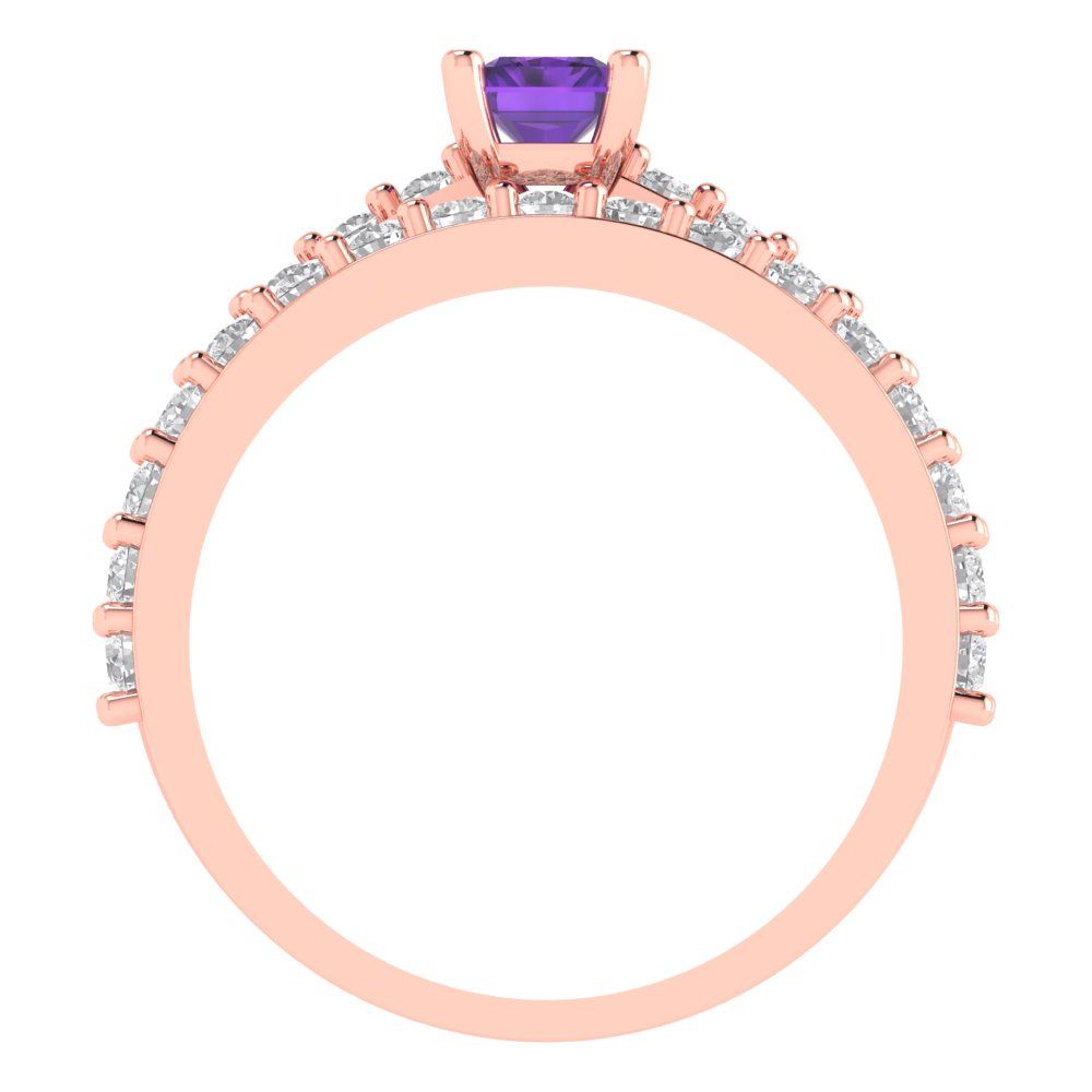 1.325 cttw Emerald Cut Natural Amethyst Bridal Set - Solid Rose Gold Engagement Ring & Wedding Band
