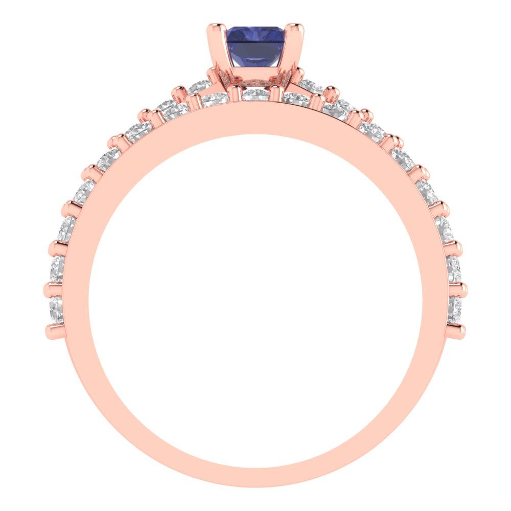1.325 cttw Emerald Cut Simulated Tanzanite Bridal Set - Solid Rose Gold Engagement Ring & Wedding Band