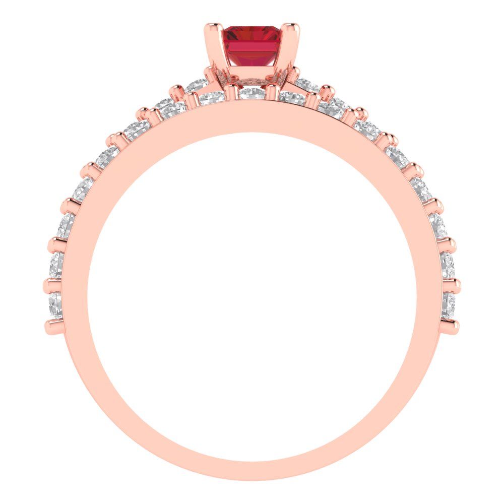 1.325 cttw Emerald Cut Simulated Ruby Bridal Set - Solid Rose Gold Engagement Ring & Wedding Band
