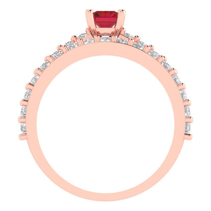 1.325 cttw Emerald Cut Simulated Ruby Bridal Set - Solid Rose Gold Engagement Ring & Wedding Band