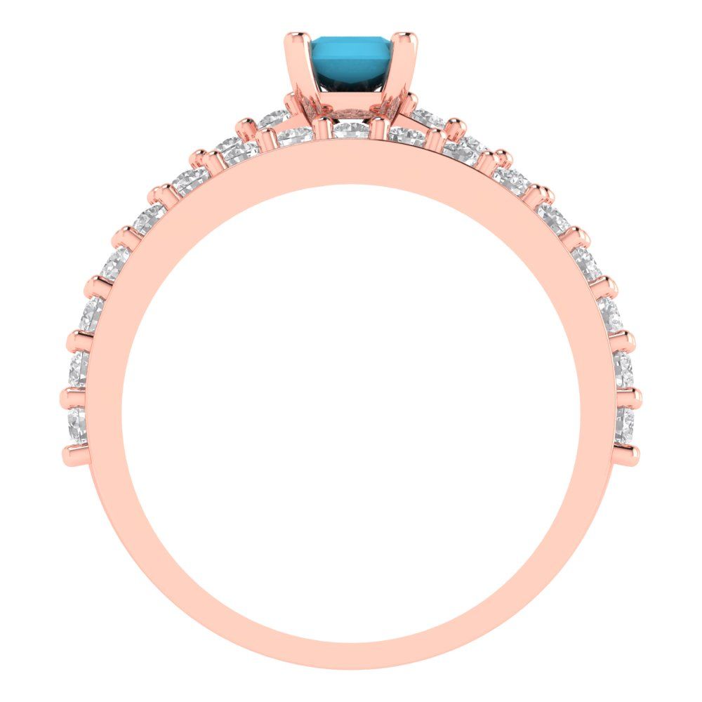 1.325 cttw Emerald Cut Simulated Turquoise Bridal Set - Solid Rose Gold Engagement Ring & Wedding Band