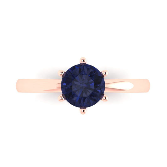 1 cttw Simulated Blue Sapphire Solitaire  Engagement Ring - Solid Rose Gold (VVS1, Round Cut,6.5mm)