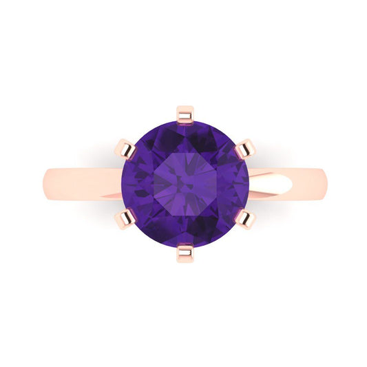 3 cttw Natural Amethyst Solitaire  Engagement Ring - Solid Rose Gold (VVS1, Round Cut,9.0mm)