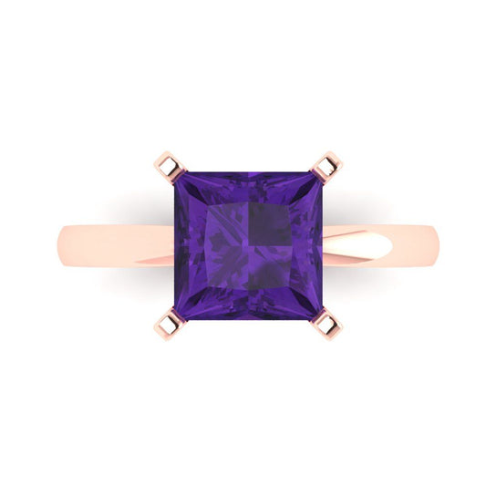 3 cttw Natural Amethyst Solitaire  Engagement Ring - Solid Rose Gold (VVS1, Princess Cut,8.0mm)