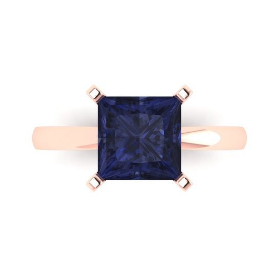 3 cttw Simulated Blue Sapphire Solitaire  Engagement Ring - Solid Rose Gold (VVS1, Princess Cut,8.0mm)