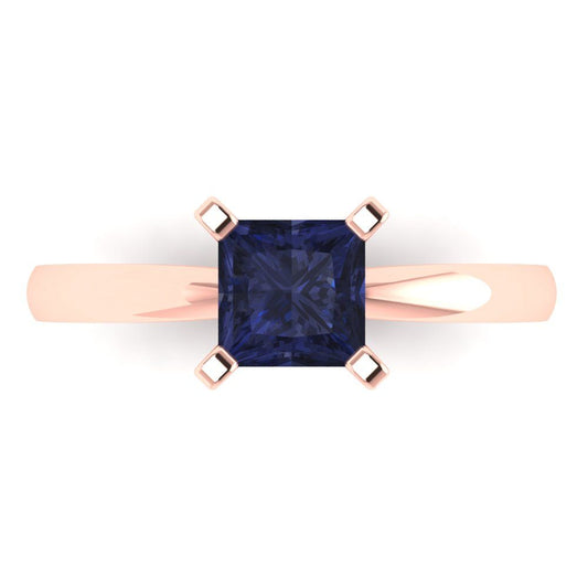 1 cttw Simulated Blue Sapphire Solitaire  Engagement Ring - Solid Rose Gold (VVS1, Princess Cut,5.5mm)
