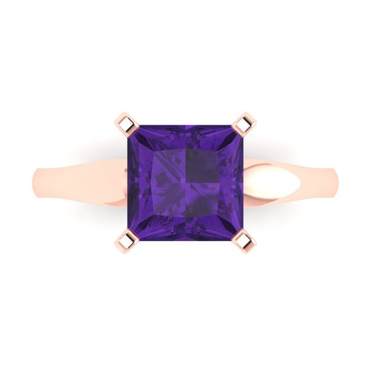 2.5 cttw Natural Amethyst Solitaire  Engagement Ring - Solid Rose Gold (VVS1, Princess Cut,7.5mm)