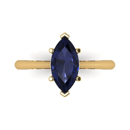 1.5 cttw Simulated Blue Sapphire Solitaire  Engagement Ring - Solid Yellow Gold (VVS1, Marquise Cut ,11x5.5mm)