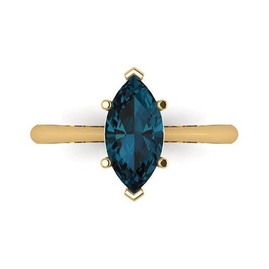 1.5 cttw Natural London Blue Topaz Solitaire  Engagement Ring - Solid Yellow Gold (VVS1, Marquise Cut ,11x5.5mm)