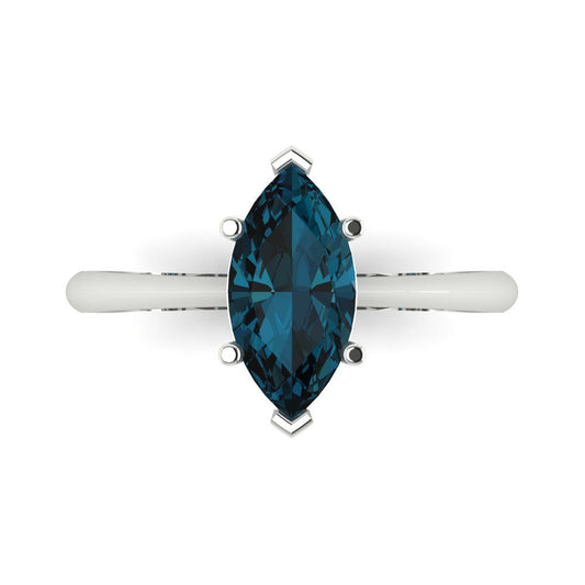 1.5 cttw Natural London Blue Topaz Solitaire  Engagement Ring - Solid White Gold (VVS1, Marquise Cut ,11x5.5mm)