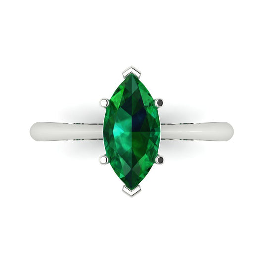 1.5 cttw Simulated Emerald Solitaire  Engagement Ring - Solid White Gold (VVS1, Marquise Cut ,11x5.5mm)