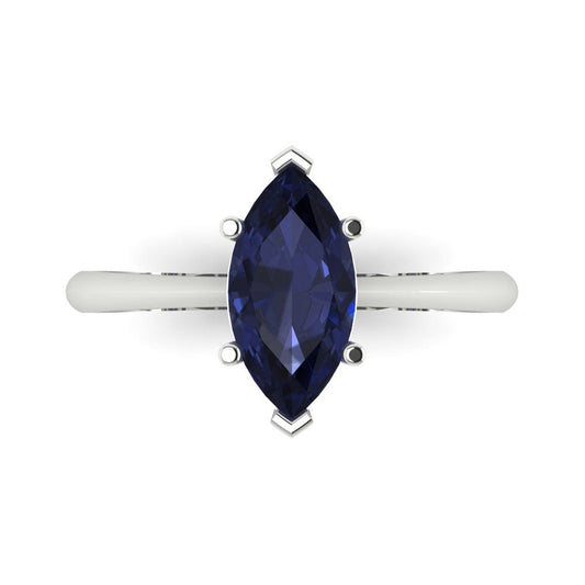 1.5 cttw Simulated Blue Sapphire Solitaire  Engagement Ring - Solid White Gold (VVS1, Marquise Cut ,11x5.5mm)