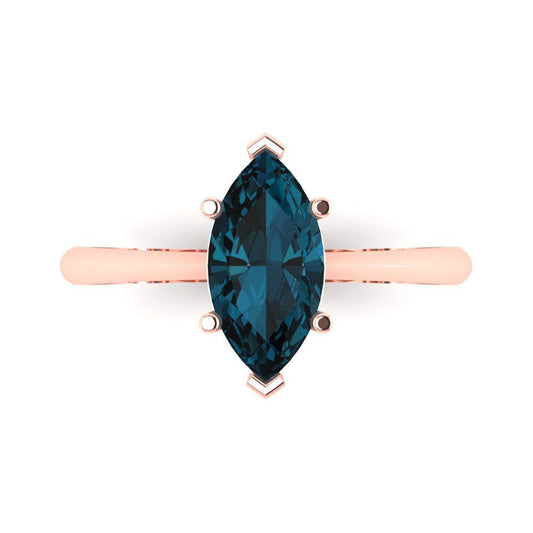 1.5 cttw Natural London Blue Topaz Solitaire  Engagement Ring - Solid Rose Gold (VVS1, Marquise Cut ,11x5.5mm)