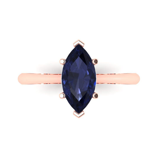 1.5 cttw Simulated Blue Sapphire Solitaire  Engagement Ring - Solid Rose Gold (VVS1, Marquise Cut ,11x5.5mm)