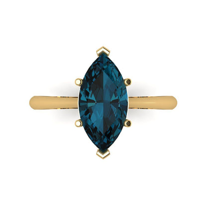 2.5 cttw Natural London Blue Topaz Solitaire  Engagement Ring - Solid Gold (Marquise Cut ,13x6.5mm)
