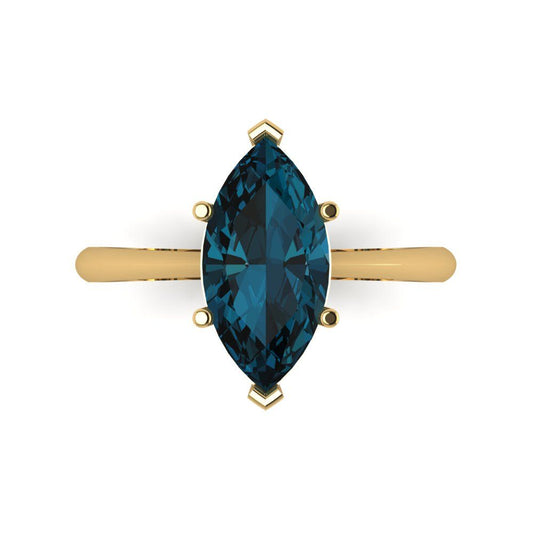 2.5 cttw Natural London Blue Topaz Solitaire  Engagement Ring - Solid Yellow Gold (VVS1, Marquise Cut ,13x6.5mm)