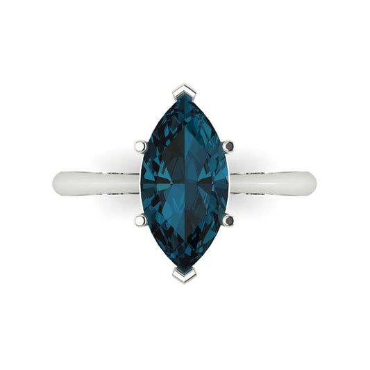 2.5 cttw Natural London Blue Topaz Solitaire  Engagement Ring - Solid White Gold (VVS1, Marquise Cut ,13x6.5mm)