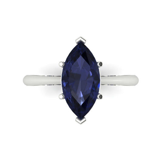 2.5 cttw Simulated Blue Sapphire Solitaire  Engagement Ring - Solid White Gold (VVS1, Marquise Cut ,13x6.5mm)