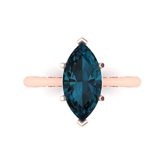 2.5 cttw Natural London Blue Topaz Solitaire  Engagement Ring - Solid Rose Gold (VVS1, Marquise Cut ,13x6.5mm)