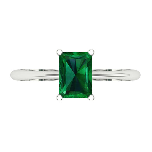 1 cttw Simulated Emerald Solitaire  Engagement Ring - Solid White Gold (VVS1, Radiant Cut,7x5mm)