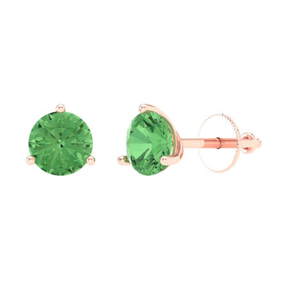 2 ctw Green Zirconia Studs Earrings | 6.5mm Round Cut White Gold Screw back | April Birthstone