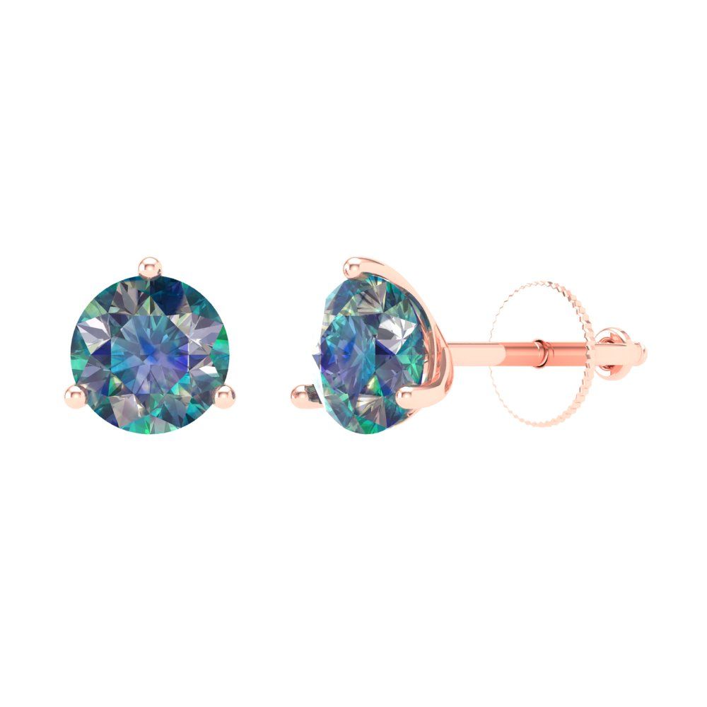 2 ctw Blue Moissanite Studs Earrings | 6.5mm Round Cut White Gold Screw back | April Birthstone