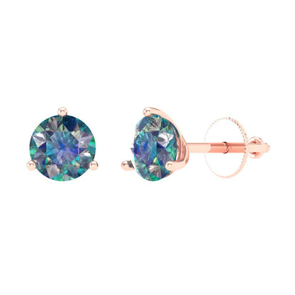 2 ctw Blue Moissanite Studs Earrings | 6.5mm Round Cut White Gold Screw back | April Birthstone