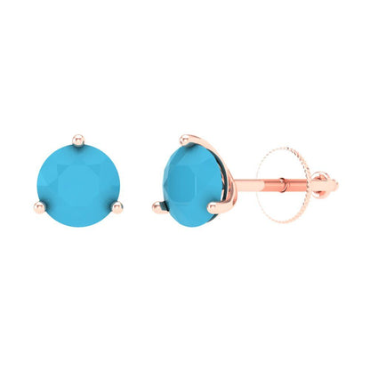 2 ctw Turquoise Studs Earrings | 6.5mm Round Cut White Gold Screw back | December Birthstone