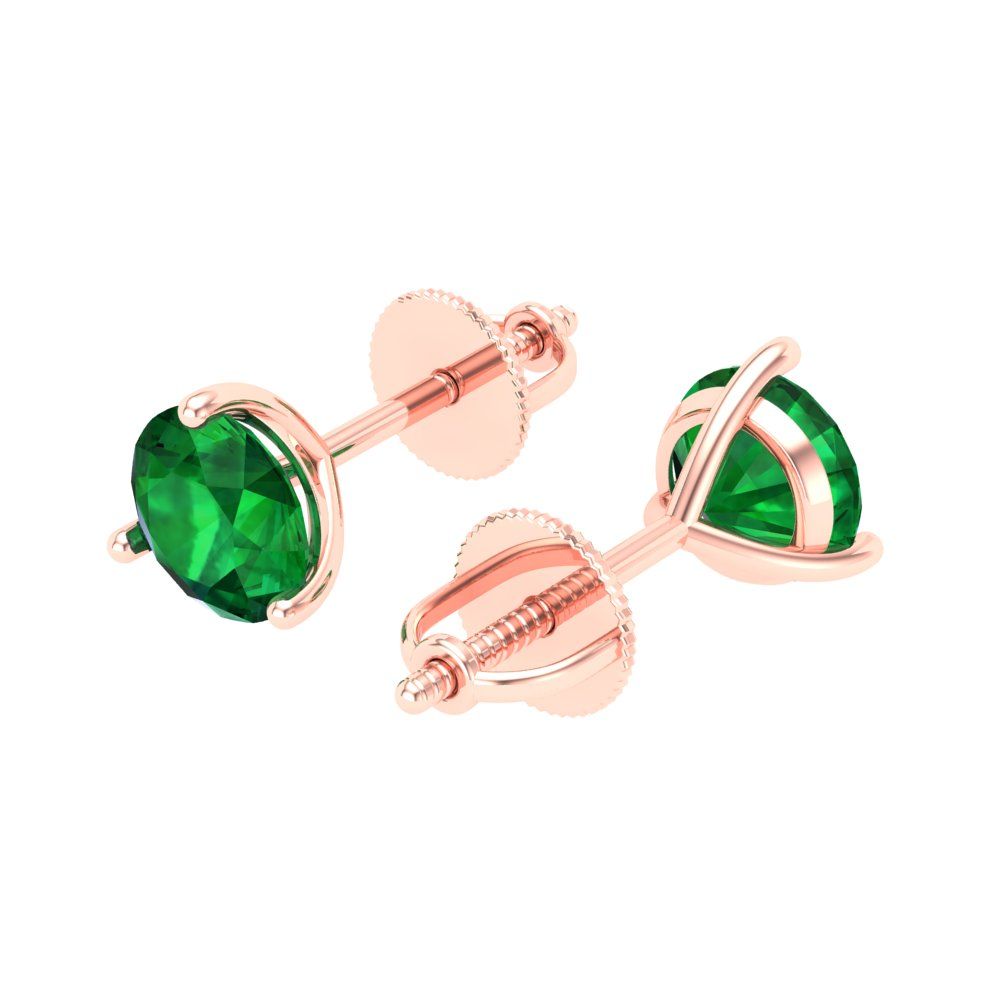 2 ctw Emerald Studs Earrings | 6.5mm Round Cut White Gold Screw back | May Birthstone