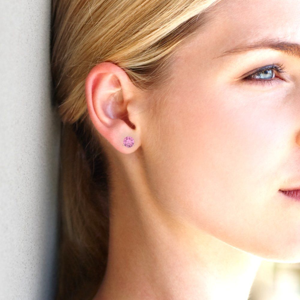 2 ctw Pink Zirconia Studs Earrings | 6.5mm Round Cut White Gold Screw back | April Birthstone
