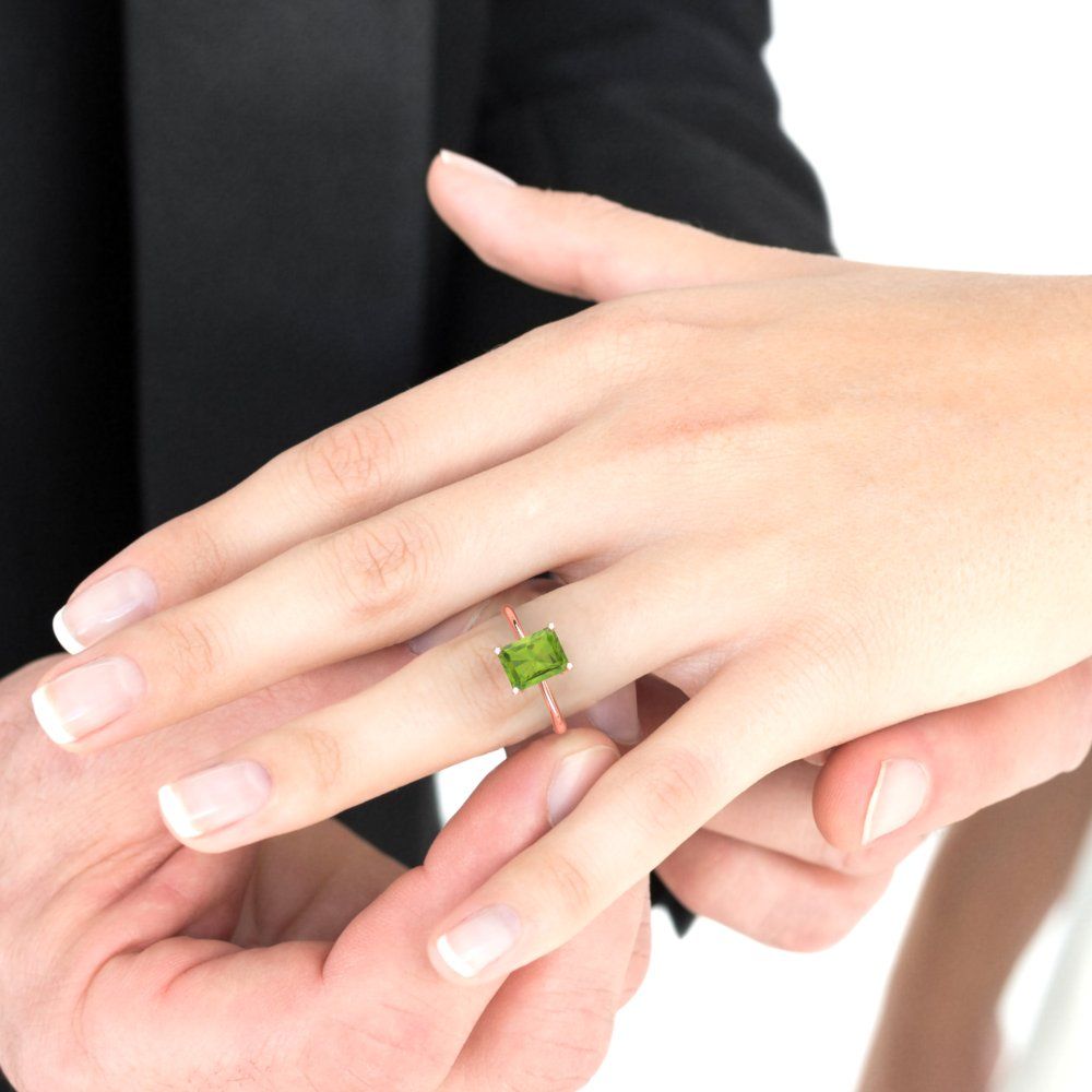 2.5 cttw Natural Peridot Solitaire  Engagement Ring - Solid Rose Gold (VVS1, Radiant Cut,8.5x6.5mm)