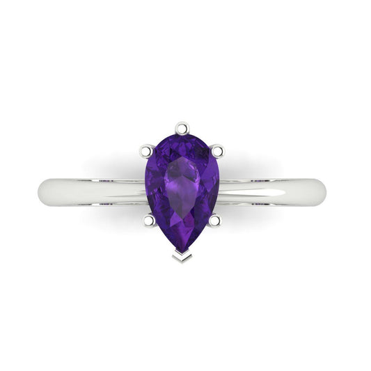 1 cttw Natural Amethyst Solitaire  Engagement Ring - Solid White Gold (VVS1, Pear Cut,8x5mm)
