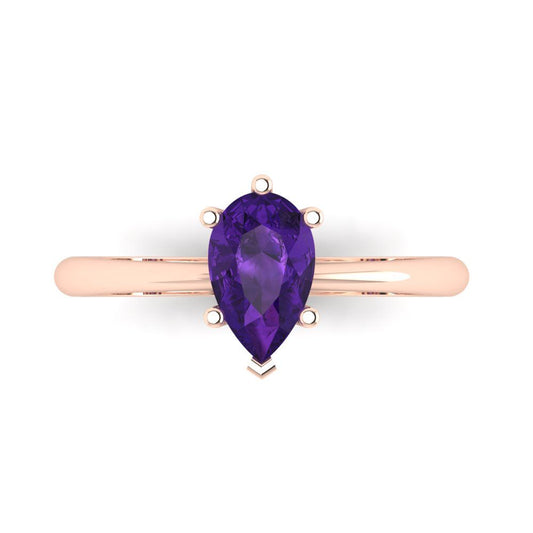 1 cttw Natural Amethyst Solitaire  Engagement Ring - Solid Rose Gold (VVS1, Pear Cut,8x5mm)