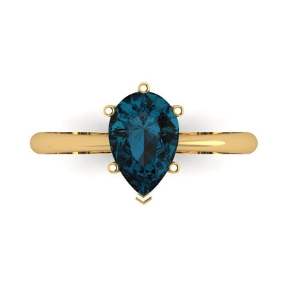 1.5 cttw Natural London Blue Topaz Solitaire  Engagement Ring - Solid Gold (Pear Cut,9x6mm)
