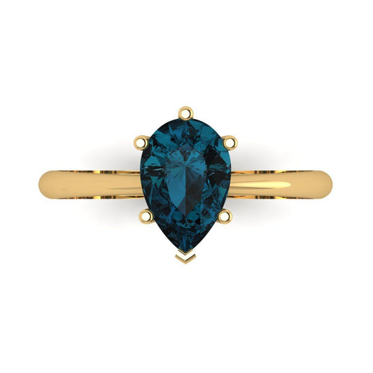 1.5 cttw Natural London Blue Topaz Solitaire  Engagement Ring - Solid Yellow Gold (VVS1, Pear Cut,9x6mm)