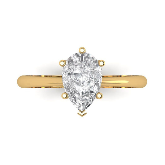 1.5 cttw White Sapphire Solitaire  Engagement Ring - Solid Yellow Gold (VVS1, Pear Cut,9x6mm)