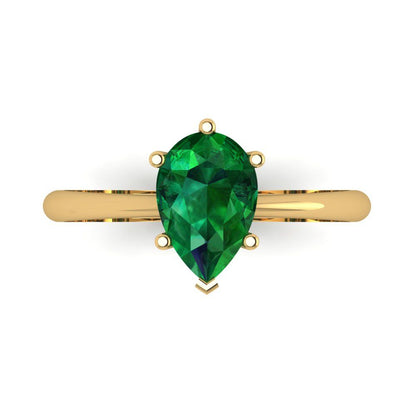 1.5 cttw Simulated Emerald Solitaire  Engagement Ring - Solid Gold (Pear Cut,9x6mm)