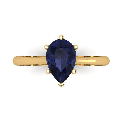 1.5 cttw Simulated Blue Sapphire Solitaire  Engagement Ring - Solid Gold (Pear Cut,9x6mm)
