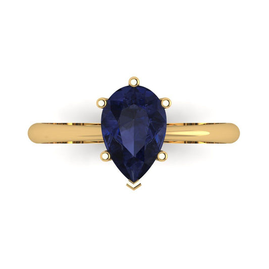 1.5 cttw Simulated Blue Sapphire Solitaire  Engagement Ring - Solid Yellow Gold (VVS1, Pear Cut,9x6mm)