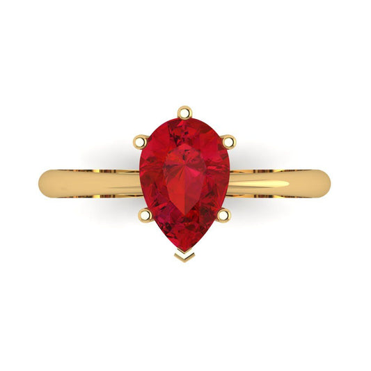 1.5 cttw Simulated Ruby Solitaire  Engagement Ring - Solid Yellow Gold (VVS1, Pear Cut,9x6mm)