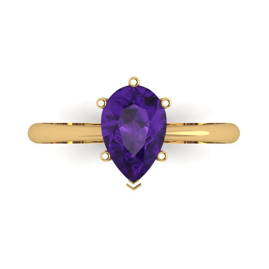 1.5 cttw Natural Amethyst Solitaire  Engagement Ring - Solid Yellow Gold (VVS1, Pear Cut,9x6mm)