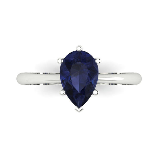 1.5 cttw Simulated Blue Sapphire Solitaire  Engagement Ring - Solid White Gold (VVS1, Pear Cut,9x6mm)