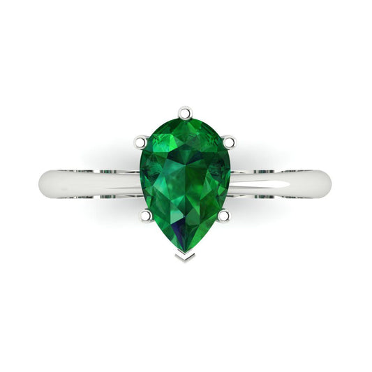 1.5 cttw Simulated Emerald Solitaire  Engagement Ring - Solid White Gold (VVS1, Pear Cut,9x6mm)
