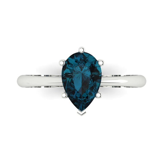 1.5 cttw Natural London Blue Topaz Solitaire  Engagement Ring - Solid White Gold (VVS1, Pear Cut,9x6mm)