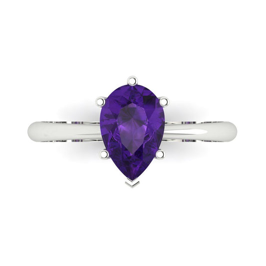 1.5 cttw Natural Amethyst Solitaire  Engagement Ring - Solid White Gold (VVS1, Pear Cut,9x6mm)