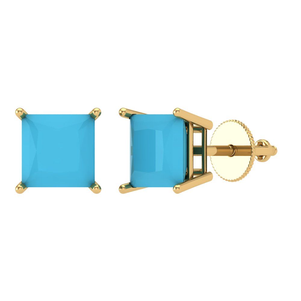 3 ctw Turquoise Studs Earrings | 6.5mm Princess Cut White Gold Screw back | December Birthstone
