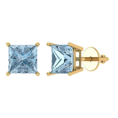 3 ctw Sky Blue Topaz Studs Earrings | 6.5mm Princess Cut White Gold Screw back | December Birthstone