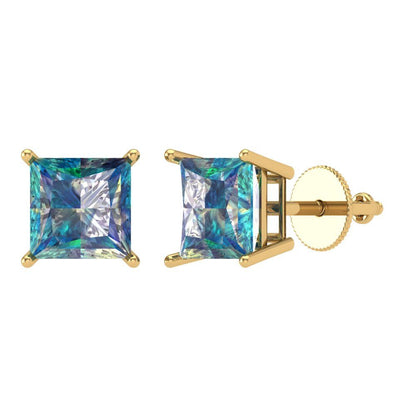 3 ctw Blue Moissanite Studs Earrings | 6.5mm Princess Cut White Gold Screw back | April Birthstone