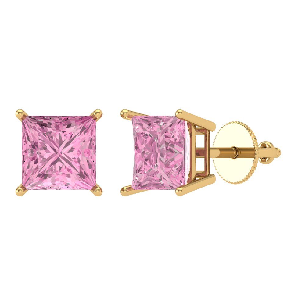 3 ctw Pink Zirconia Studs Earrings | 6.5mm Princess Cut White Gold Screw back | April Birthstone