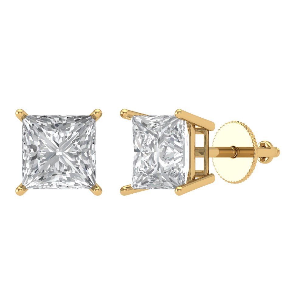 3 ctw Zirconia Diamond Studs Earrings | 6.5mm Princess Cut White Gold Screw back | April Birthstone